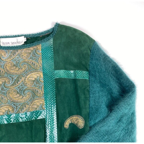 VTG Susan Sandhaus Green Leather Mohair Sweater Womens Medium Avant Garde Funky - Picture 3 of 11